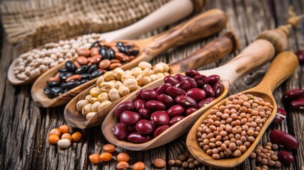Assortment of beans and lentils in wooden spoon on wooden background. - obrazy, fototapety, plakaty