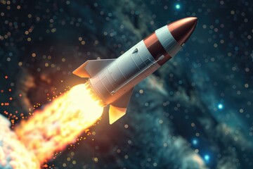 Fototapeta premium A rocket blasting off into space, symbolizing a company's ambition and drive to achieve its goals.
