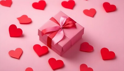 Valentine's Day pink background with red hearts and pink hearts paper with gift box. Generative Ai 