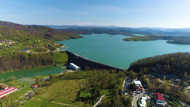 Water Dam On Solina Lake Bieszczady Mountains Aerial View Poland