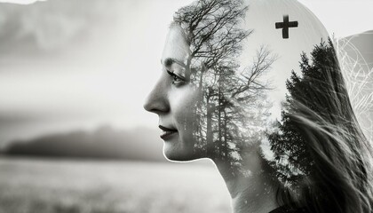 Double exposure of a woman with a cross and trees on her head. Monochrome image.