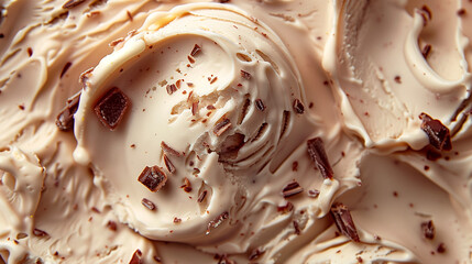 Foto de cerca de una helado de vainilla y trozos de chocolates
