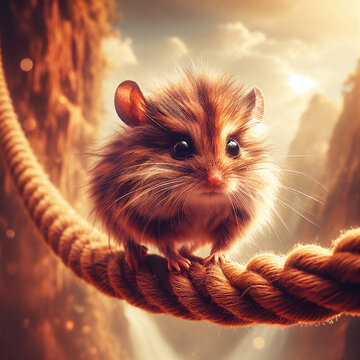 Fototapeta An adorable fluffy rodent with big eyes on a suspended rope bridge