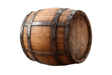 Rustic Charm: Wooden Barrel With Metal Straps. White or PNG Transparent Background.