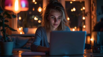 Fototapeta premium Night Owl: Woman's Dedication and Creativity Shining Through Late-Night Work.