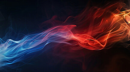 Two streams of smoke, one red and one blue, blending together against a black background to create a visually striking image that represents the interplay between warm and cool colors. - obrazy, fototapety, plakaty