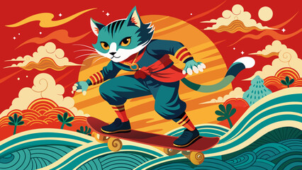 kung-fu--cat--play-skateboard-background--wave-jap