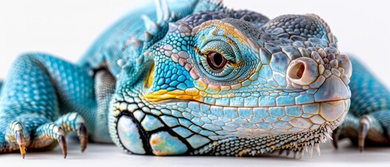 Naklejka premium A photo of a lizard's head and body with spikes, set against a white backdrop