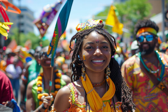 A woman in a colorful outfit is walking down the street with a group of people. Scene is lively and festive, as the woman is wearing a colorful outfit