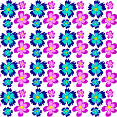 Seamless floral pattern of pink and blue flowers on a white background