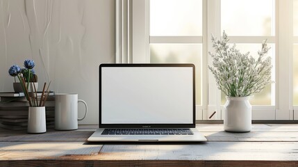 laptop mockup with blank white screen, on table, home office