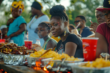 Fototapeta premium A woman with is sitting at a table with other people. The table is filled with food and drinks
