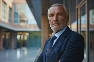 Fototapeta premium A man in a suit and tie stands with his arms crossed
