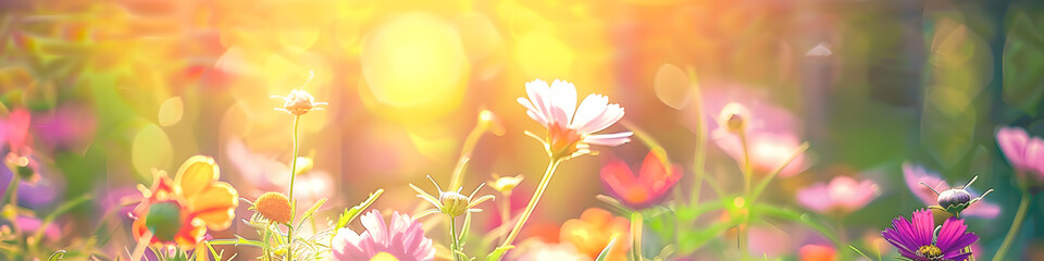 banner flowers in the meadow with bokeh in background at sundown