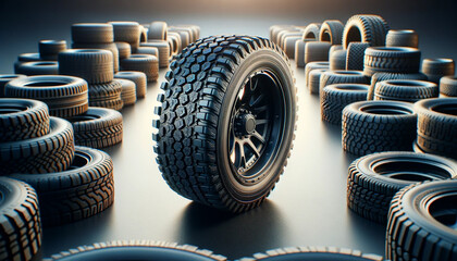 Single car tire highlighted among many, conceptual studio shot. - obrazy, fototapety, plakaty