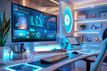 A high-tech home office featuring an AI-driven workspace, with a virtual assistant managing schedules, organizing documents, and providing real-time productivity insights.