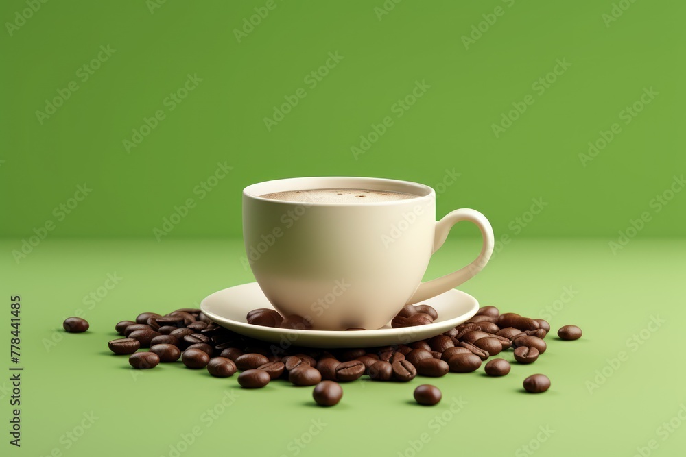 Wall mural beige color coffee cup with coffee beans on green background