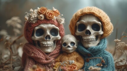 a couple of skeleton figurines sitting next to each other in the middle of a field of dead flowers. - obrazy, fototapety, plakaty