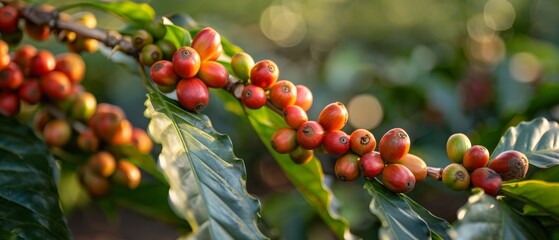  A close-up of coffee beans growing on a tree branch, with leaves and sunlight illuminating the ground behind