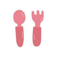Children's set of fork and spoon pink color vector illustration