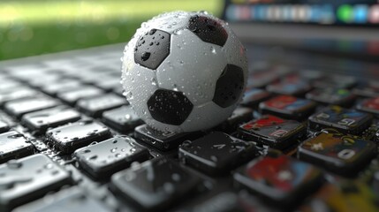 a close up of a soccer ball on a computer keyboard with water droplets on the keys and the screen in the background.