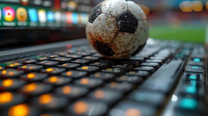 a close up of a soccer ball on a laptop keyboard with a blurry background of a soccer ball on top of the keyboard.