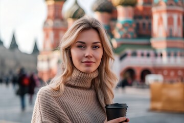 Attractive young Russian woman having a coffee in Moscow looking at the camera
