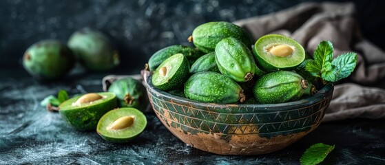   A bowl of green fruit sits on a table beside a heap of chopped avocados