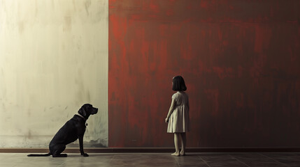 A little girl's contemplative stare meets the curious gaze of a dog against a serene, monochromatic wall - obrazy, fototapety, plakaty