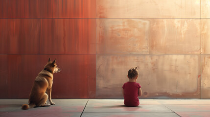 A little girl's contemplative stare meets the curious gaze of a dog against a serene, monochromatic wall - obrazy, fototapety, plakaty