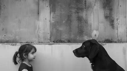 Fotobehang A little girl's contemplative stare meets the curious gaze of a dog against a serene, monochromatic wall © Nayan