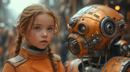 a young girl standing next to a robot in a scene from the movie star wars the rise of sky walker.