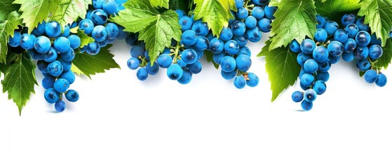   A detailed photo of several blueberries surrounded by green foliage against a pure white backdrop provides ample space for added text