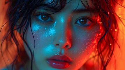 a close up of a woman's face with water on her face and a red light in the background.