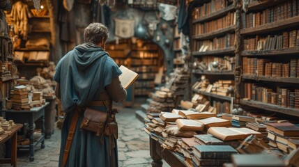 Fototapeta premium a woman standing in a room filled with lots of books and holding a book in one hand and a book in the other.