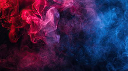 Two streams of smoke, one red and one blue, blending together against a black background to create a visually striking image that represents the interplay between warm and cool colors. - obrazy, fototapety, plakaty