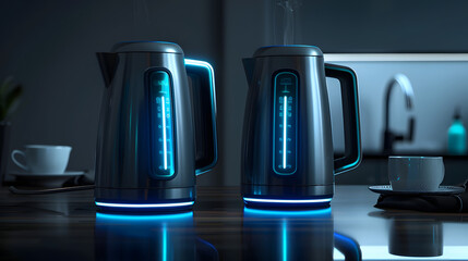 A futuristic smart kettle with holographic displays that showcase the latest technology in home appliances. The kettle has an elegant design with dark blue accents that emphasize the glowing screens - obrazy, fototapety, plakaty