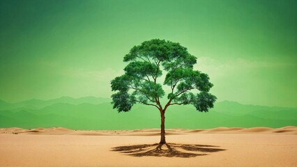 A solitary green tree admist desert defies desertification, under the endless sky, symbolizing resilience amidst nature retreat, nature stronghold symbol in desert landscape  - obrazy, fototapety, plakaty