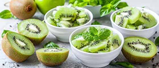   A close-up of kiwis in small bowls on a table surrounded by green leaves and other fruits