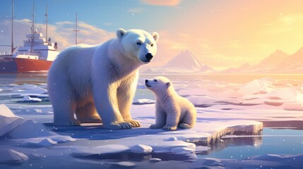 An intricate scene featuring a polar bear and cub against the backdrop of a ship and the cold beauty of snow and a clear blue sky.