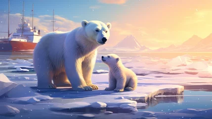 Foto auf Glas An intricate scene featuring a polar bear and cub against the backdrop of a ship and the cold beauty of snow and a clear blue sky. © ProPhotos