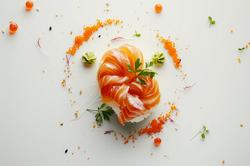 Artfully plated sushi cake with fresh salmon, sushi rice, caviar, accompanied by wasabi and microgreens. An elegant white space presentation with scattered sesame seeds and soy sauce drops. Copy space - Powered by Adobe