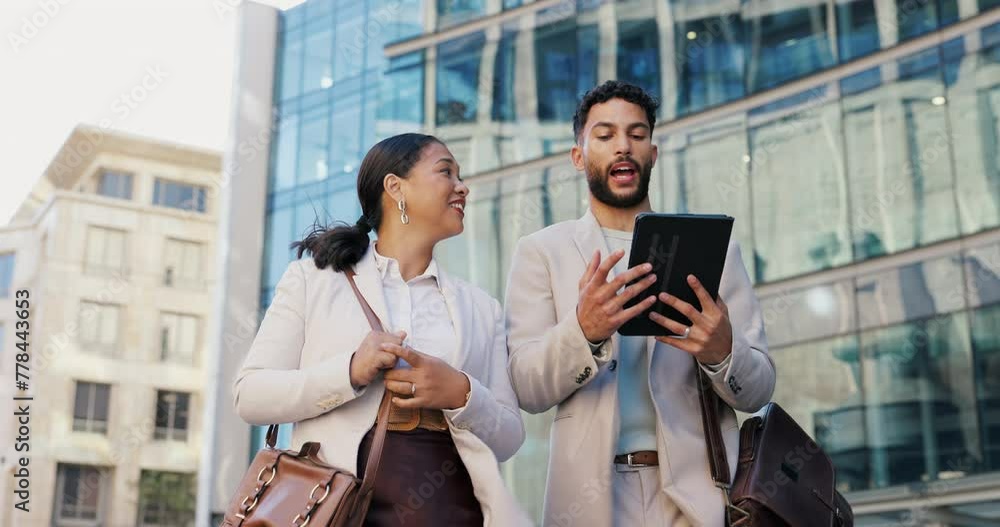 Poster Business man, woman and tablet in city on commute to work with discussion, chat and walking with app. People, staff and employees with digital touchscreen, bag and advice on travel in metro street