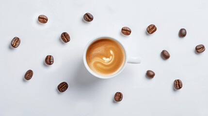 Fototapeta premium Latte coffee and coffee beans on white background Top view