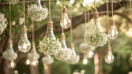 A group of light bulb vases filled with baby's breath flowers hanging from strings