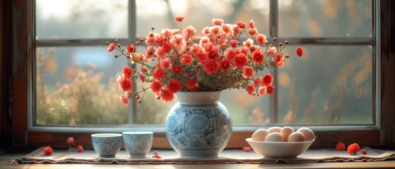 a blue and white vase filled with red flowers next to two cups and a bowl of eggs on a window sill.