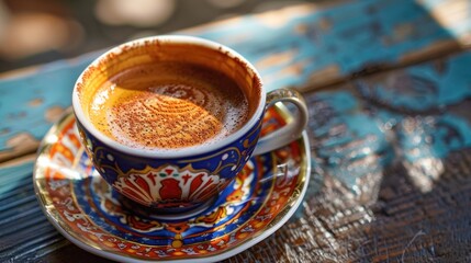 Turkish Coffee with traditional porcelain cup. Coffee presentation with Turkish delight.