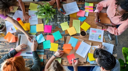a group of people sitting around a table with colorful sticky notes