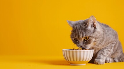 A cute gray cat and a bowl of food on a yellow background. Reaching for his favorite food, little thief.  - Powered by Adobe