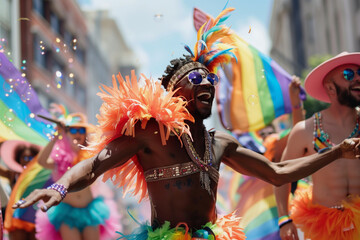A group of people are dancing and wearing rainbow clothing. Scene is joyful and celebratory